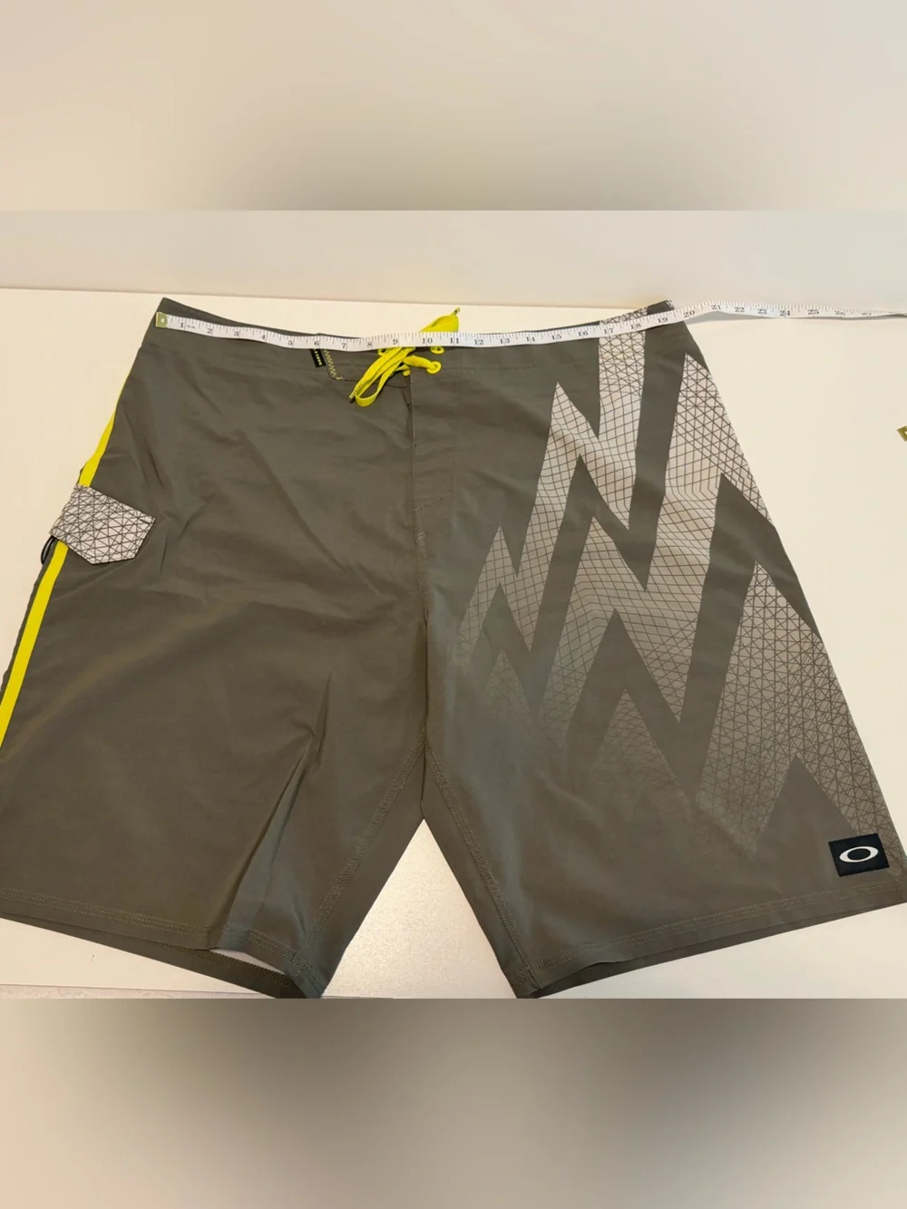 Oakley Gray Swim Trunks with Neon Yellow Waistband